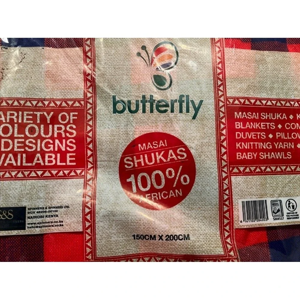 NWT Butterfly Maasai Blanket Shawl Red Blue Plaid 61x79 inch Kenya African Shuka
